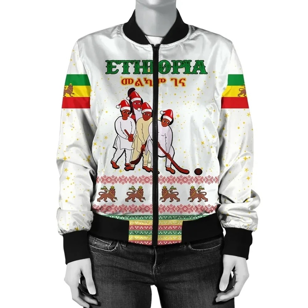 Ethiopia Christmas Genna Bomber - White Style, African Bomber Jacket For Men Women
