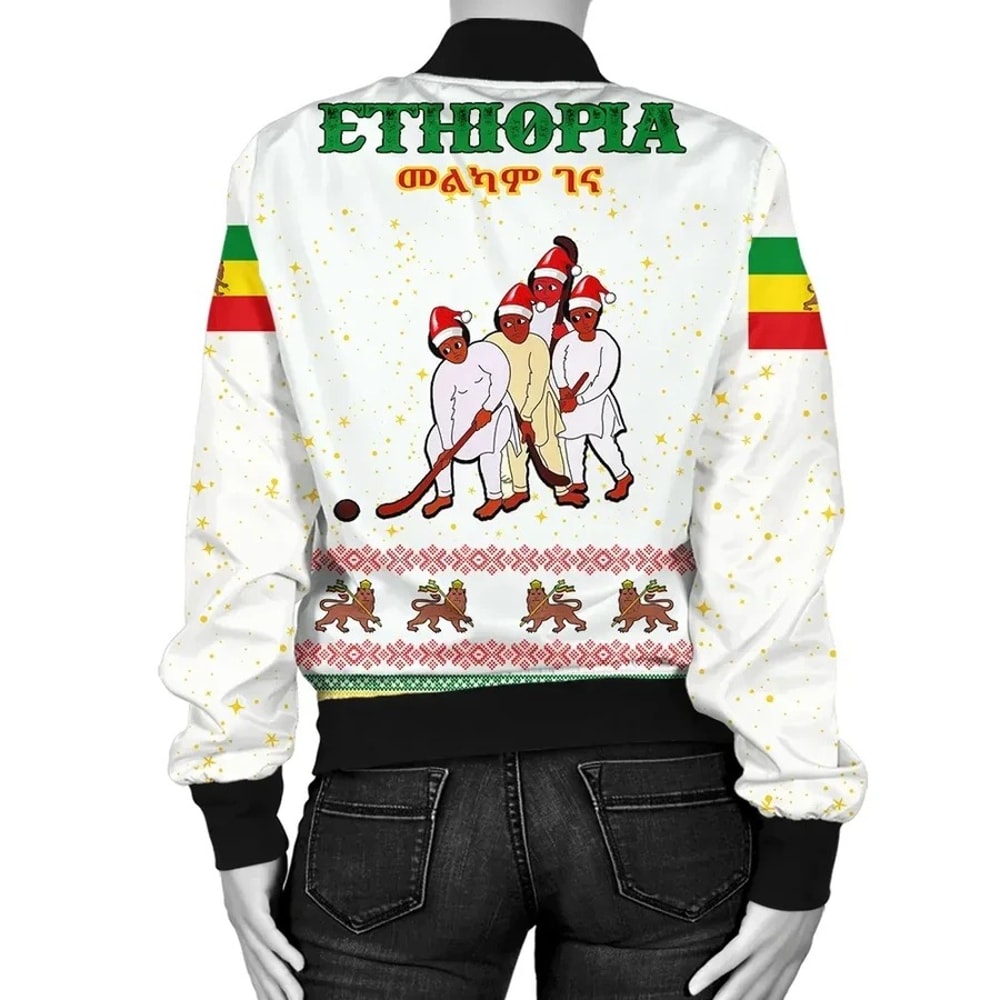 Ethiopia Christmas Genna Bomber - White Style, African Bomber Jacket For Men Women