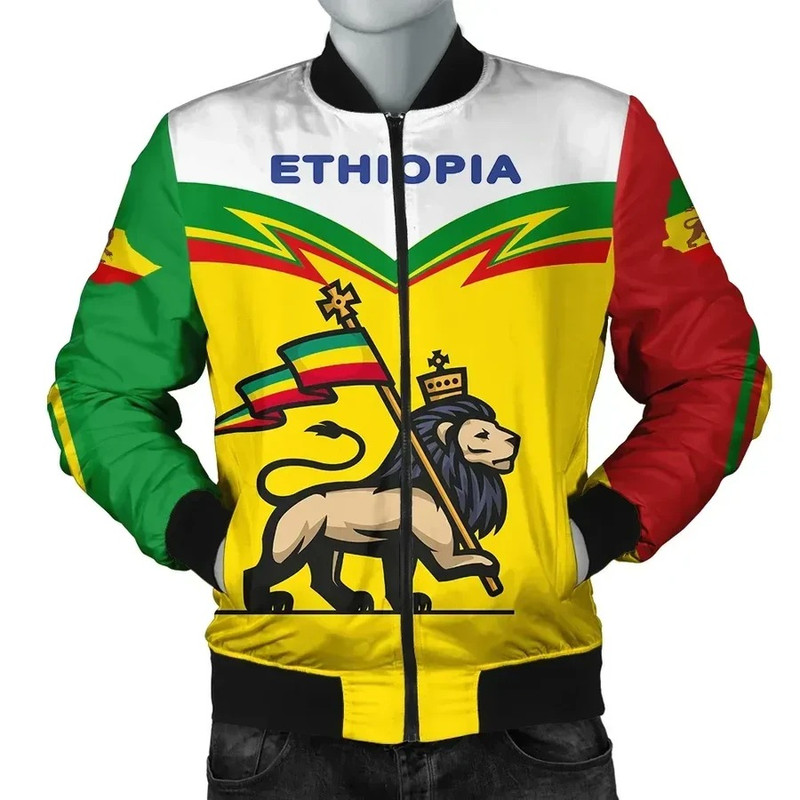 Ethiopia Flag Lion King Bomber - Zig Zag Style, African Bomber Jacket For Men Women