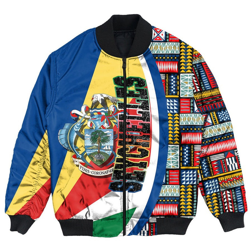 Seychelles Flag and Kente Pattern Special Bomber Jacket, African Bomber Jacket For Men Women