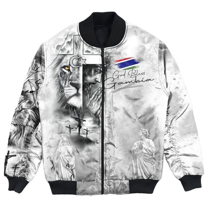 Gambia Bomber Jacket Jesus Pray and The Lion of Judah, African Bomber Jacket For Men Women