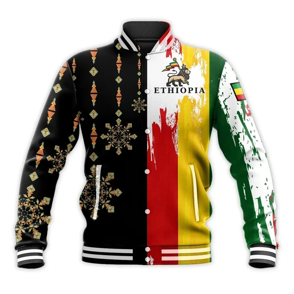 Ethiopia Flag'S Color With Aztec Pattern Baseball Jacket, African Baseball Jacket For Men Women