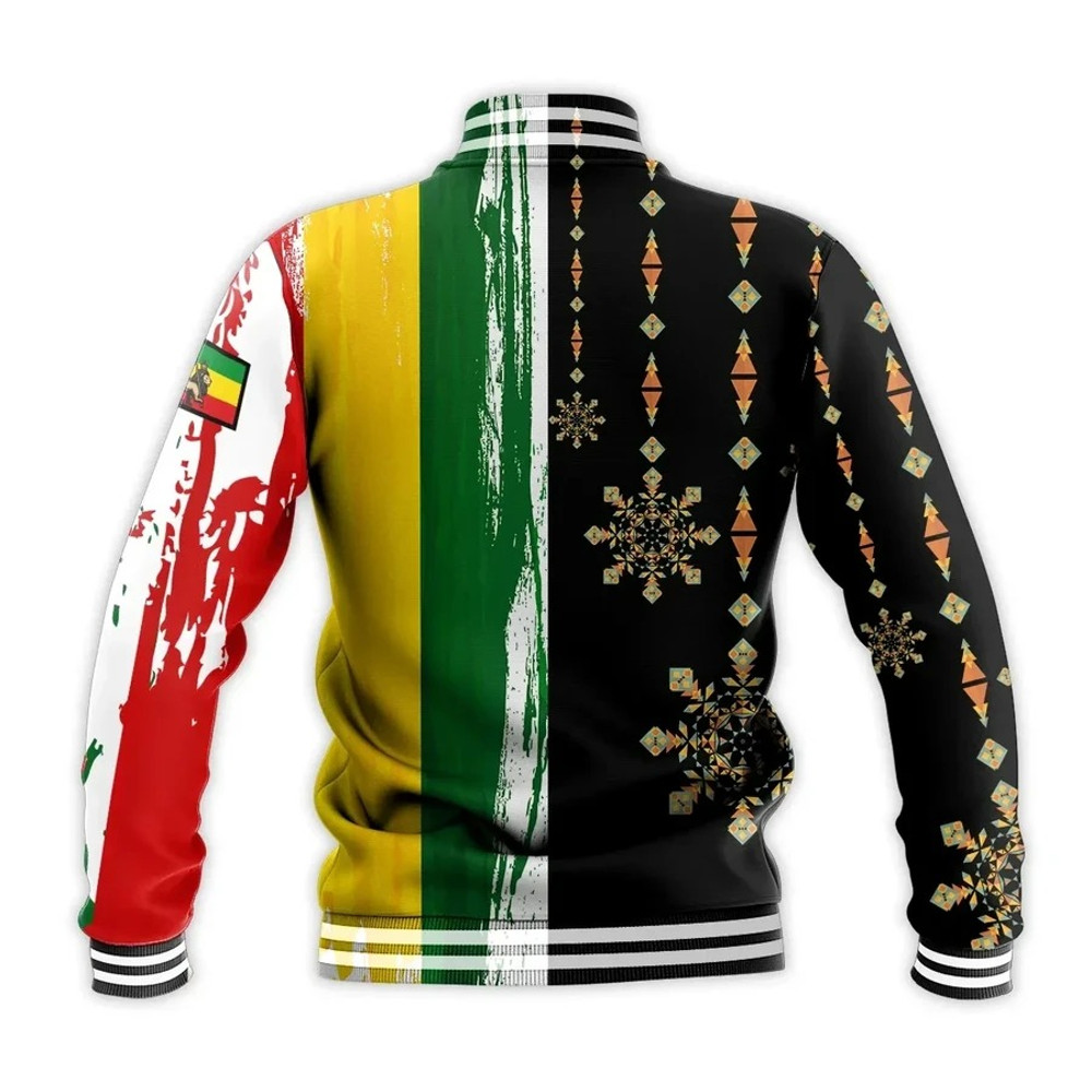 Ethiopia Flag'S Color With Aztec Pattern Baseball Jacket, African Baseball Jacket For Men Women
