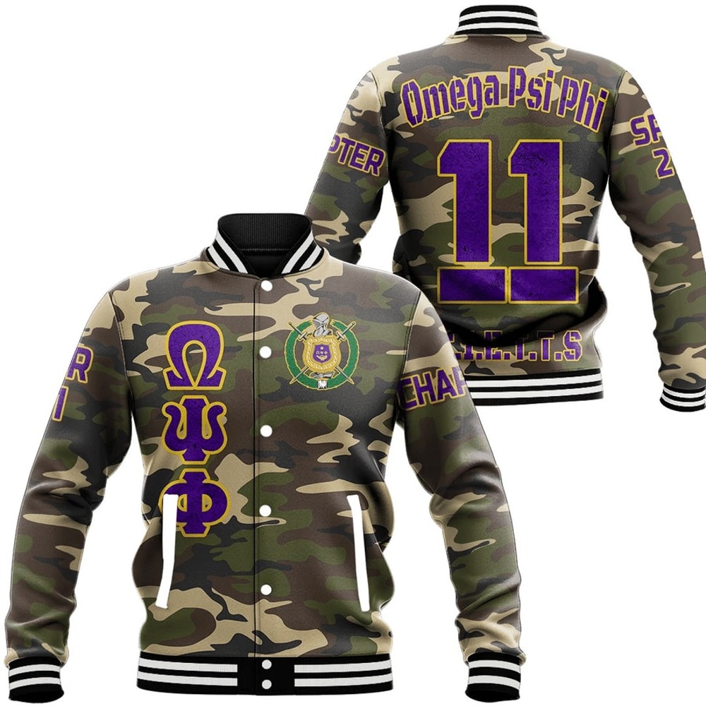 Custom Omega Psi Phi Camouflage Baseball Jackets, African Baseball Jacket For Men Women