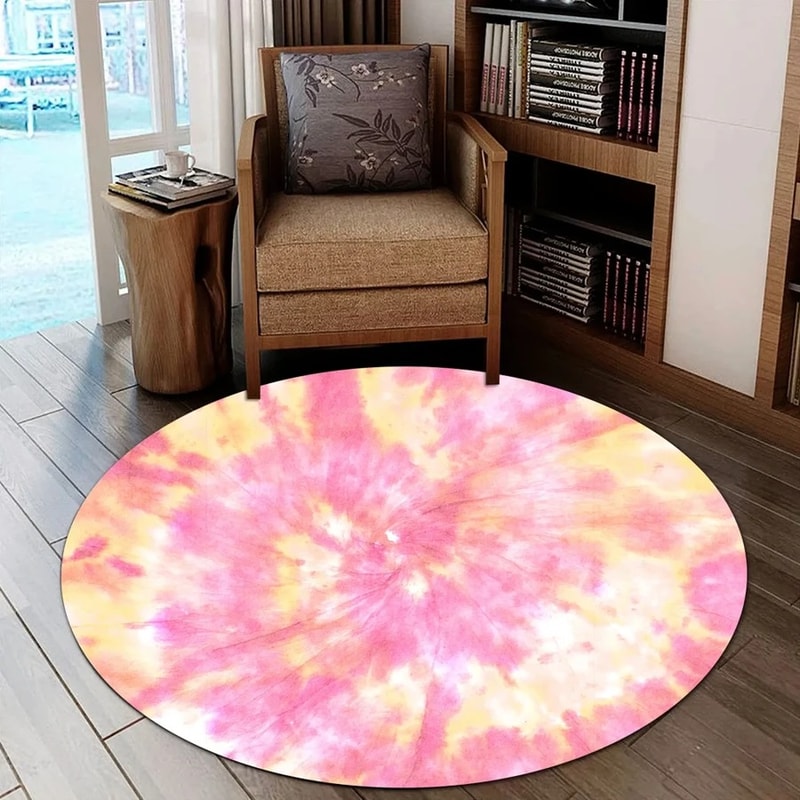 Yellow Pink Tie Dye Round Carpet, African Rug For Home