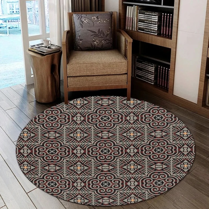 Grey Triangle Kitenge Round Carpet, African Rug For Home
