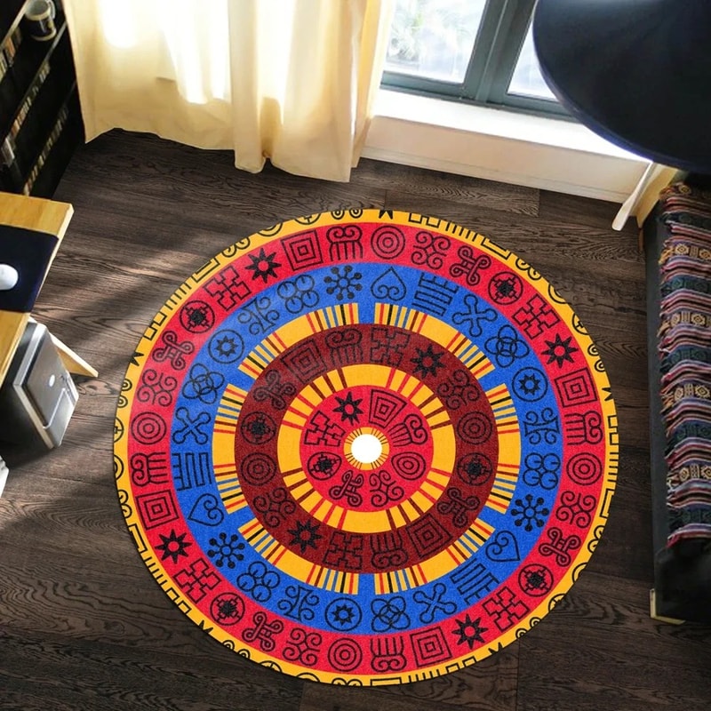 Circle Adinkra Round Carpet, African Rug For Home