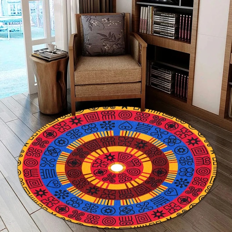 Circle Adinkra Round Carpet, African Rug For Home