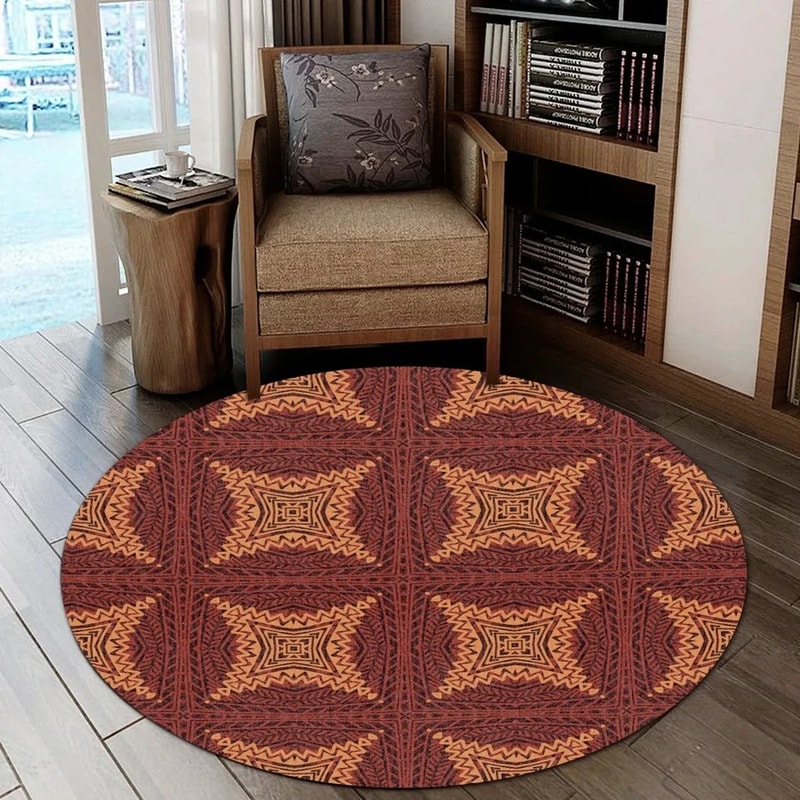 Mix Symbol Red Kitenge Round Carpet, African Rug For Home