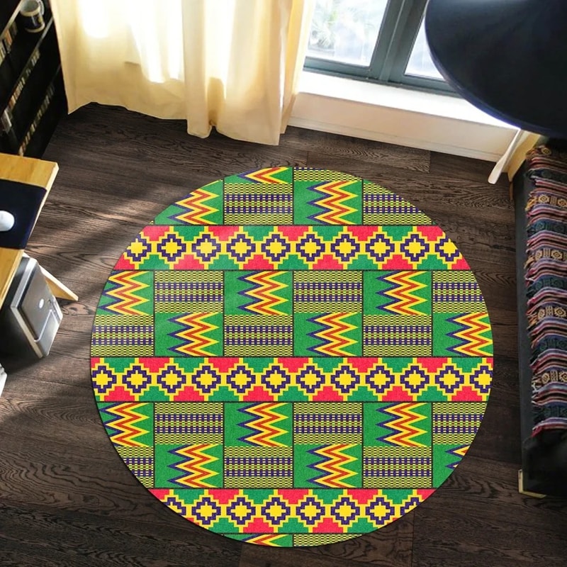 Reggae Golden Kente Round Carpet, African Rugs, Round Rugs For Home