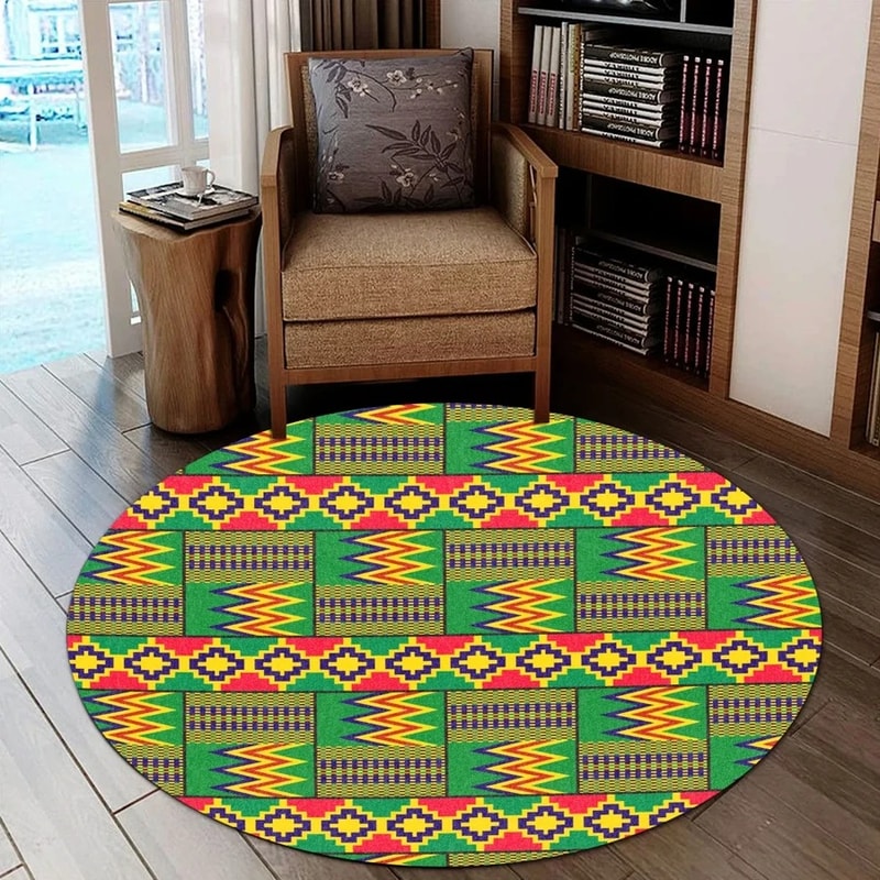 Reggae Golden Kente Round Carpet, African Rugs, Round Rugs For Home