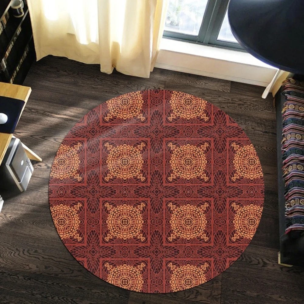 Red Square Kitenge Round Carpet, African Rugs, Round Rugs For Home