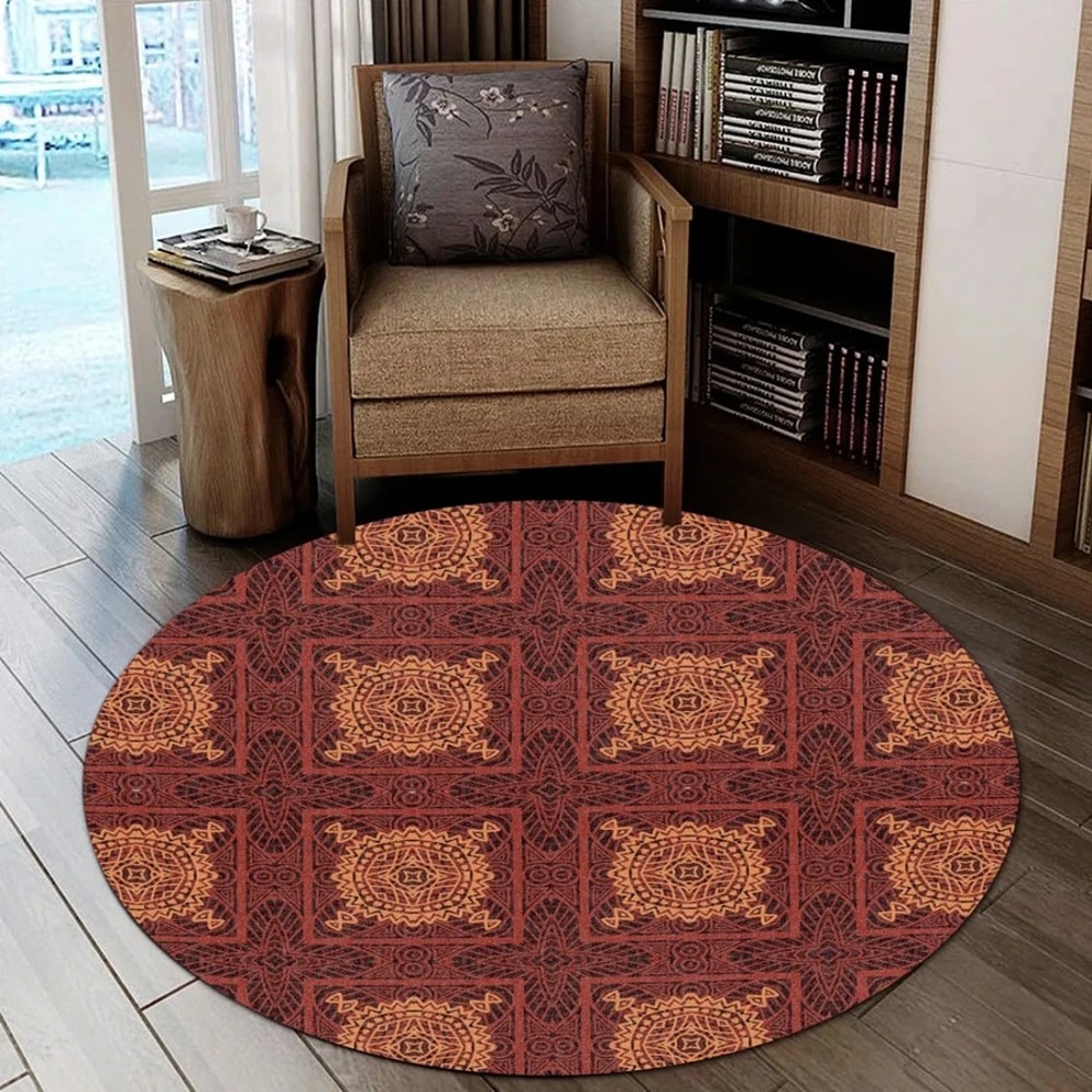 Red Square Kitenge Round Carpet, African Rugs, Round Rugs For Home
