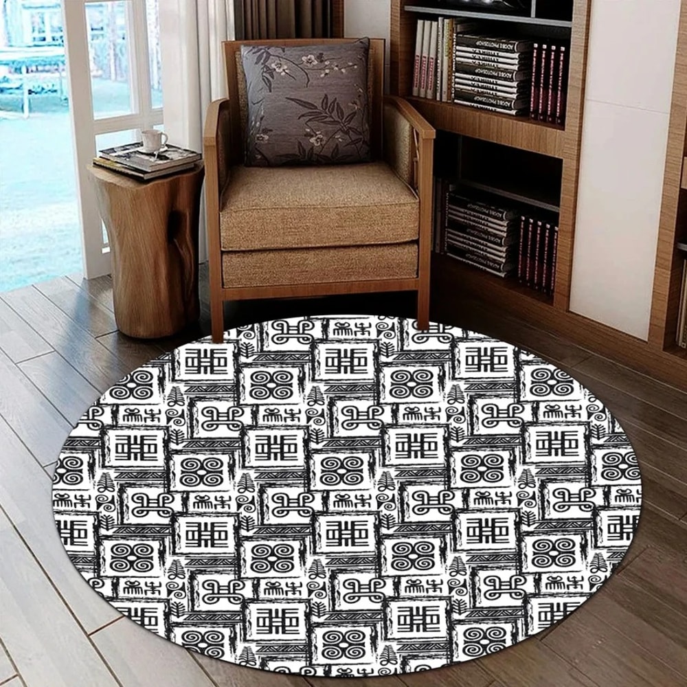 Black White Adinkra Round Carpet, African Rugs, Round Rugs For Home