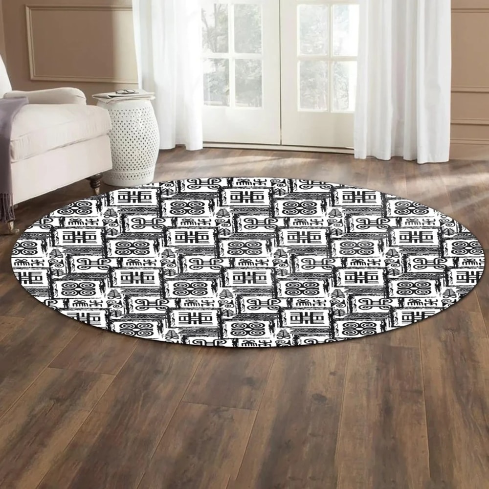 Black White Adinkra Round Carpet, African Rugs, Round Rugs For Home
