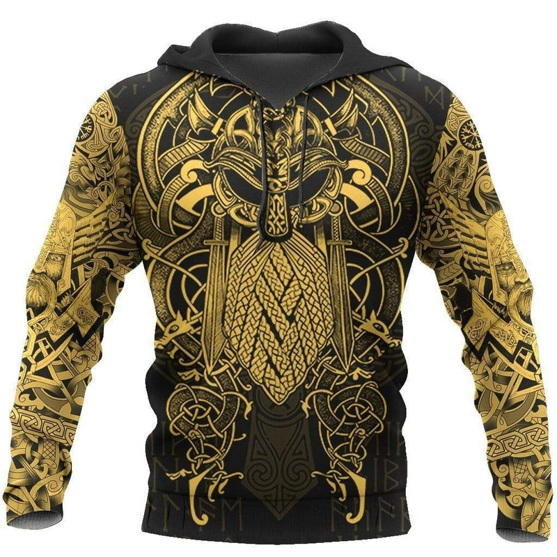Gold Plated Odin Tattoo Style Hoodie Viking Hoodie For Men Women