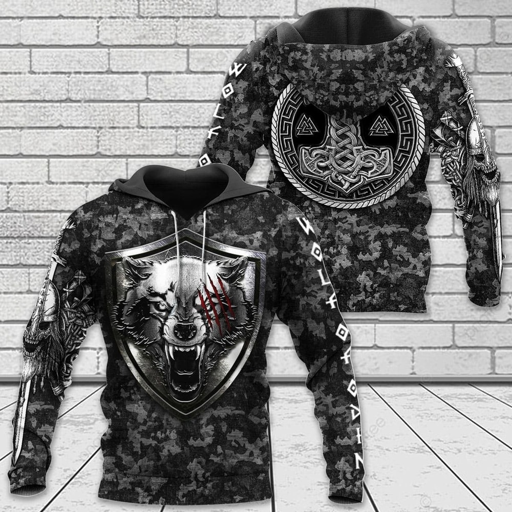 Viking FENRIR WOLF AND HAMMER Hoodie Viking Hoodie For Men Women