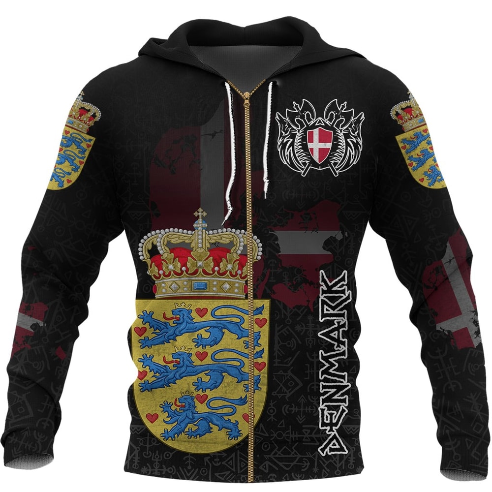 Denmark Flag and Map Zip Hoodiestyle Viking Geri Freki Viking Hoodie For Men Women
