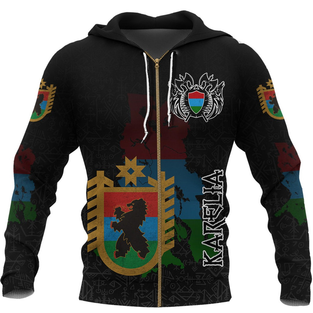 Karelia Flag and Map Zip Hoodie style Viking Geri  Freki Viking Hoodie For Men Women