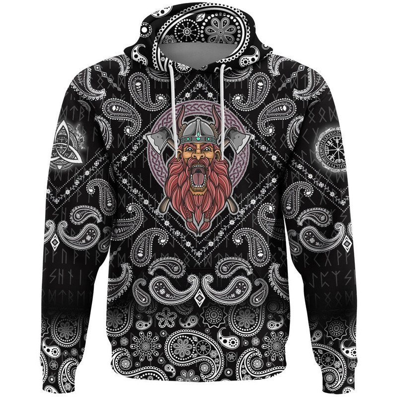 Barbarian Head With Cross Axe with Bandana Paisley Style Viking Hoodie For Men Women