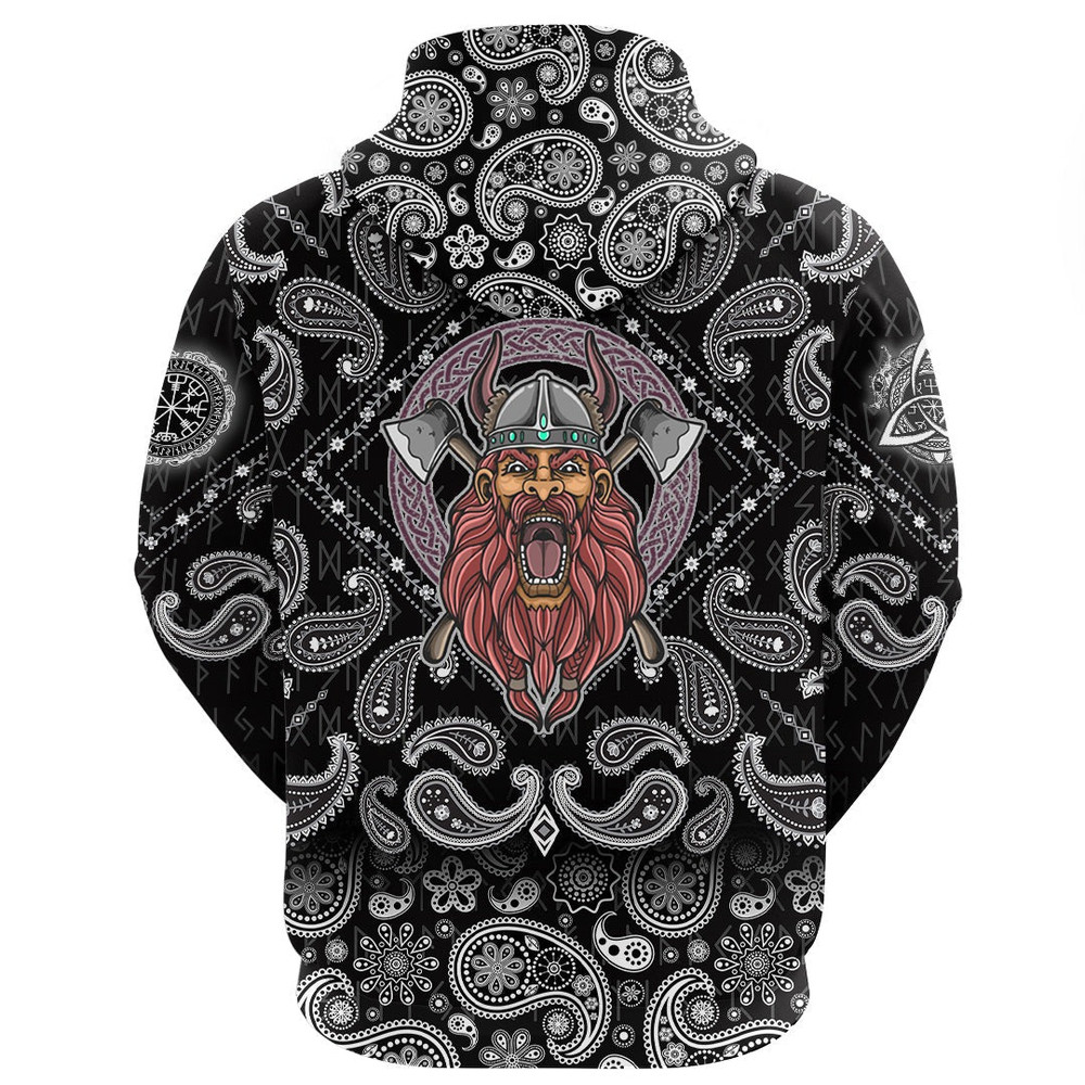 Barbarian Head With Cross Axe with Bandana Paisley Style Viking Hoodie For Men Women