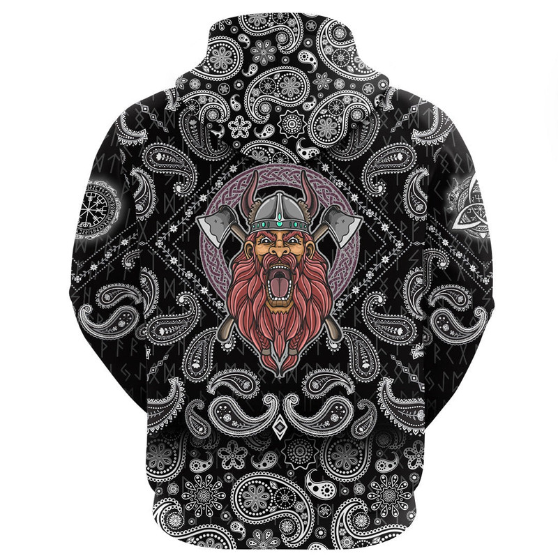 Barbarian Head With Cross Axe with Bandana Paisley Style Viking Hoodie For Men Women