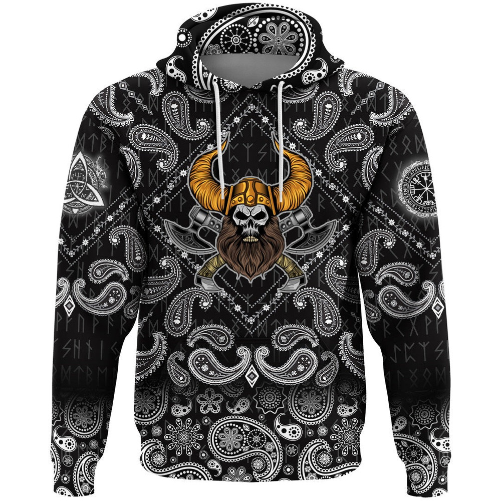 Beard Skull Cross Axes with Bandana Paisley Style Viking Hoodie For Men Women