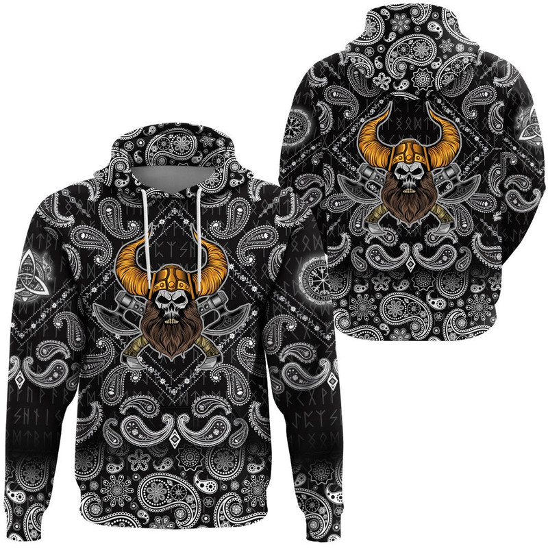Beard Skull Cross Axes with Bandana Paisley Style Viking Hoodie For Men Women