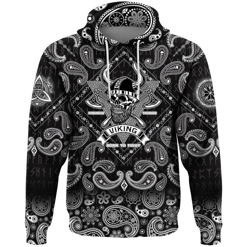Bearded Warrior Skull With Crossed Axes with Bandana Paisley Style Viking Hoodie For Men Women