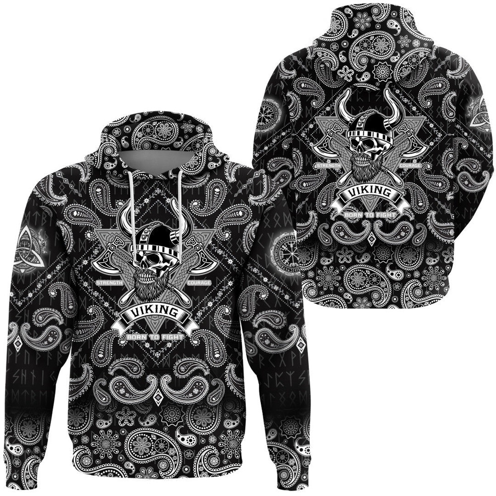 Bearded Warrior Skull With Crossed Axes with Bandana Paisley Style Viking Hoodie For Men Women