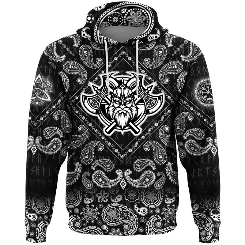 Black And White Head With Shield And Axe with Bandana Paisley Style Viking Hoodie For Men Women