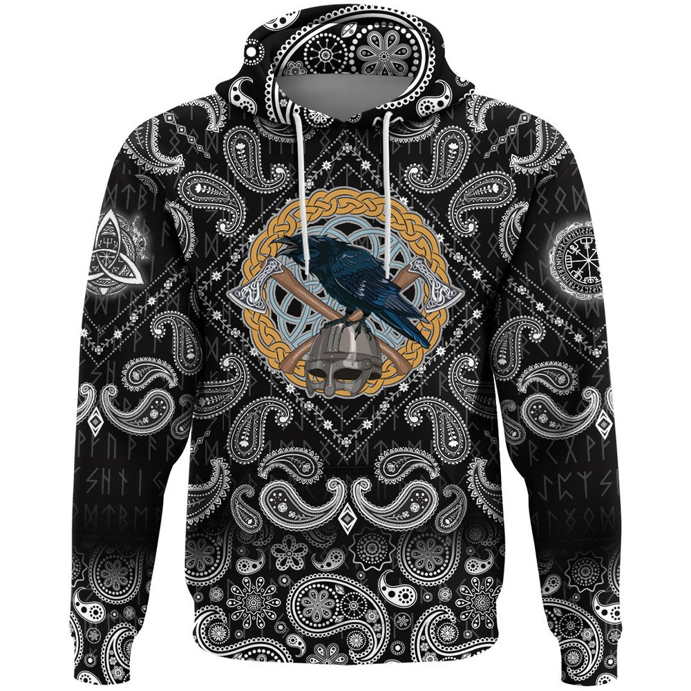 Black Crow Sitting On Helmet With Two Crossed Axes with Bandana Paisley Style Viking Hoodie For Men