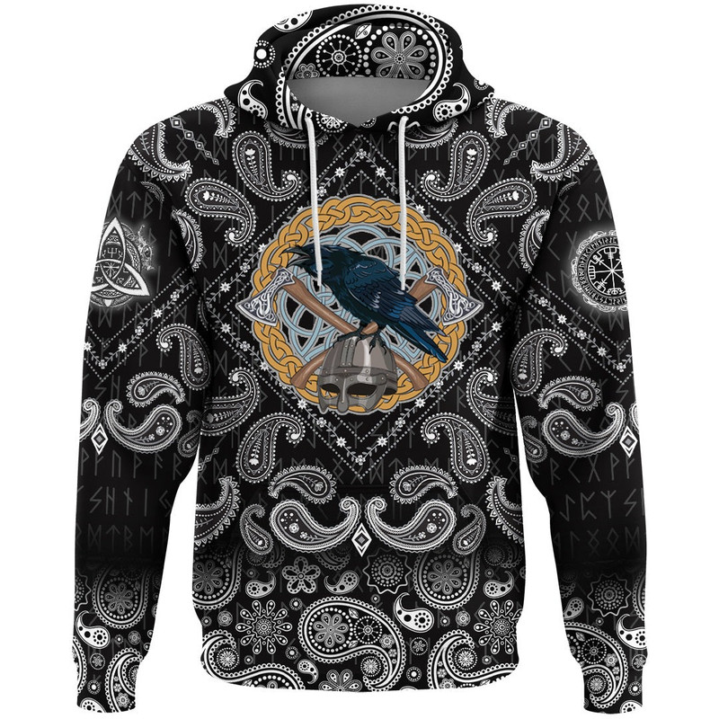 Black Crow Sitting On Helmet With Two Crossed Axes with Bandana Paisley Style Viking Hoodie For Men