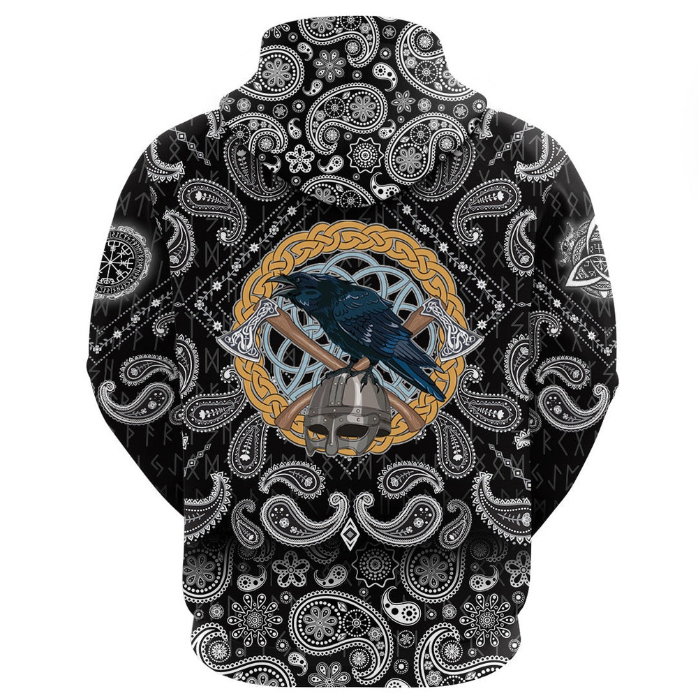 Black Crow Sitting On Helmet With Two Crossed Axes with Bandana Paisley Style Viking Hoodie For Men