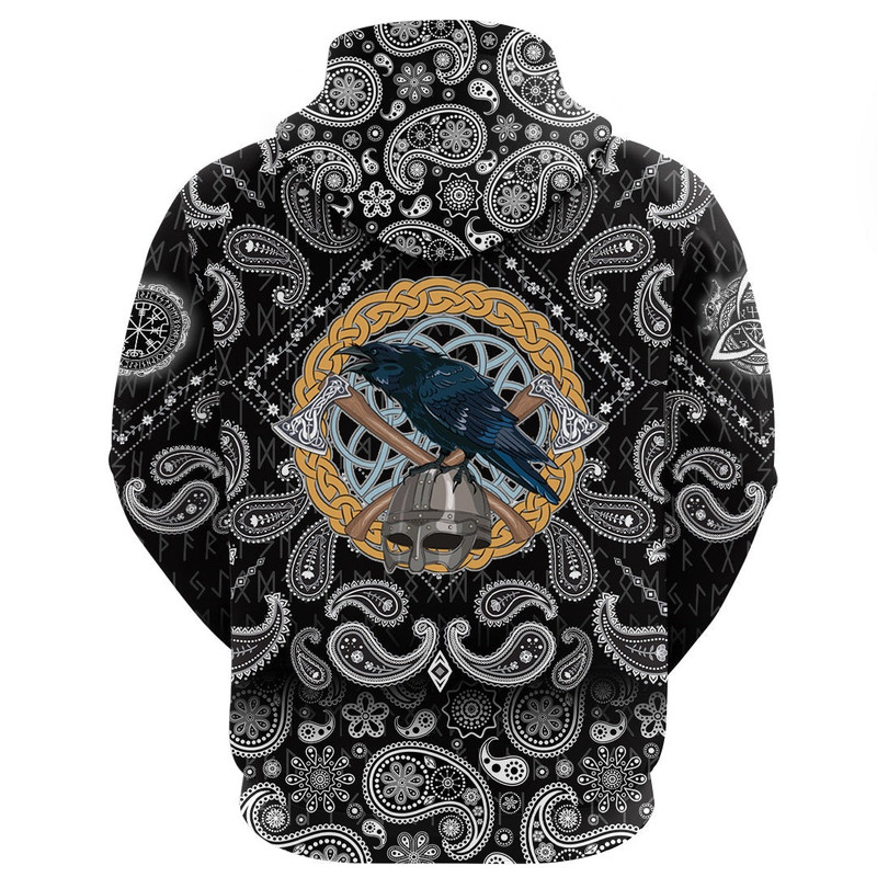 Black Crow Sitting On Helmet With Two Crossed Axes with Bandana Paisley Style Viking Hoodie For Men