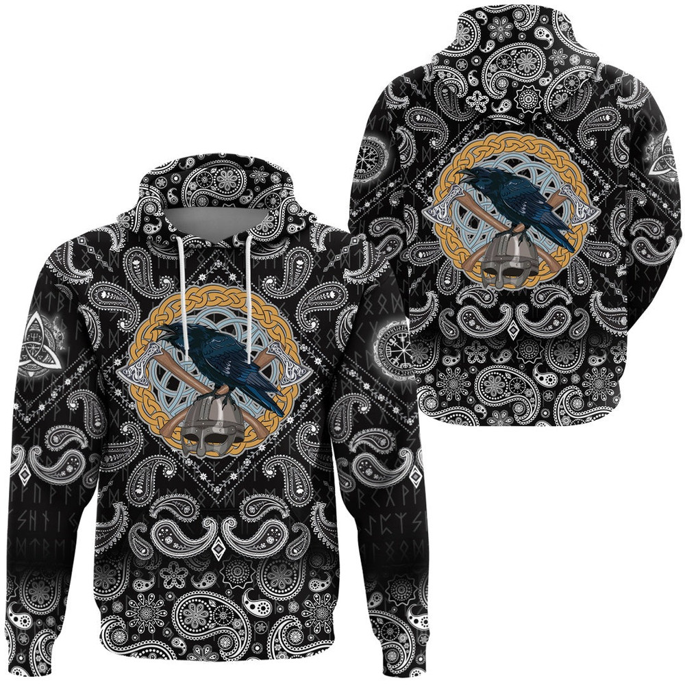 Black Crow Sitting On Helmet With Two Crossed Axes with Bandana Paisley Style Viking Hoodie For Men