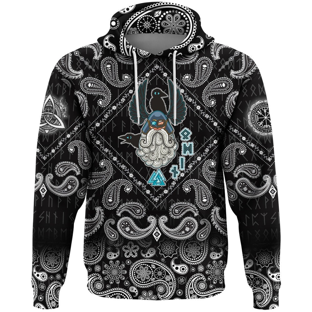 Cartoon Of The Norse God Odin with Bandana Paisley Style Viking Hoodie For Men Women