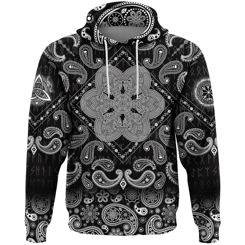 Celtic Wolf Ornament Black And White with Bandana Paisley Style Viking Hoodie For Men Women