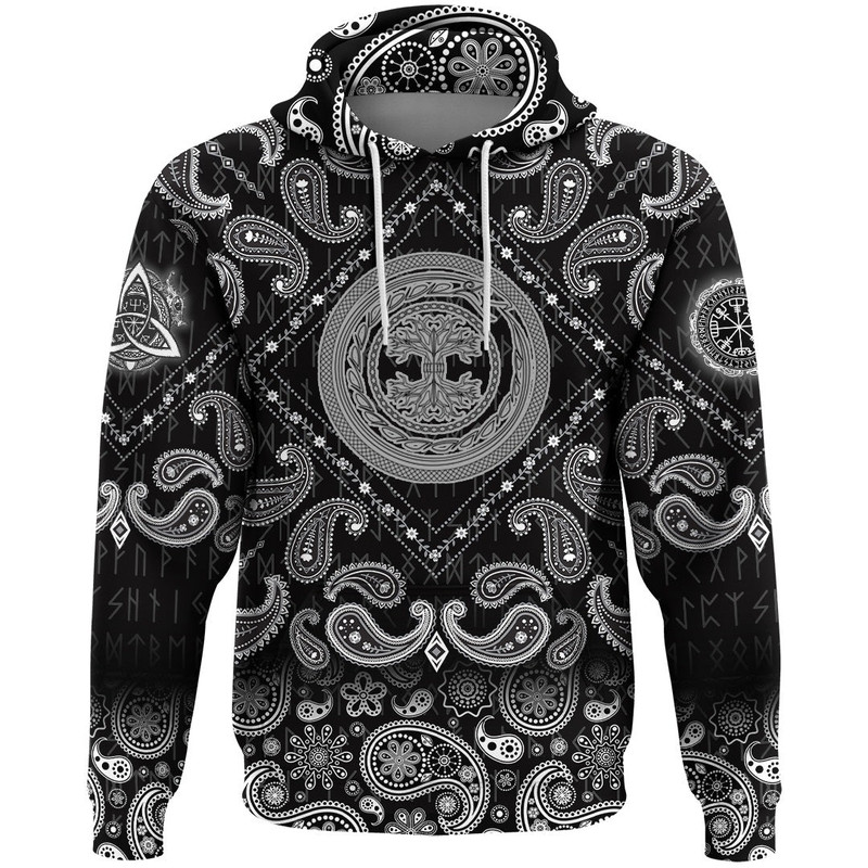 Contour Yggdrasil And Ouroboros In Ornamented Circles with Bandana Paisley Style Viking Hoodie For