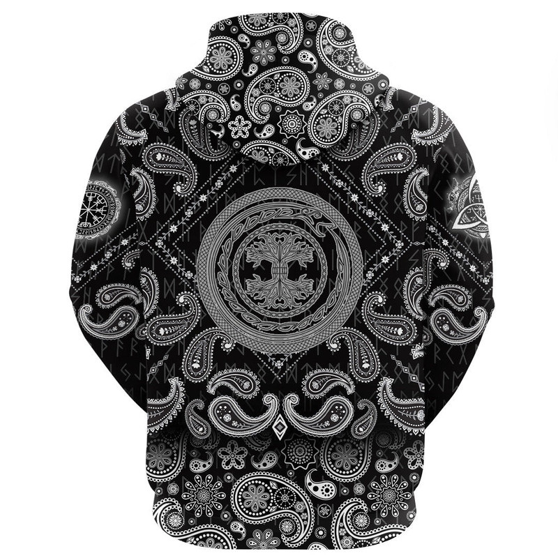 Contour Yggdrasil And Ouroboros In Ornamented Circles with Bandana Paisley Style Viking Hoodie For