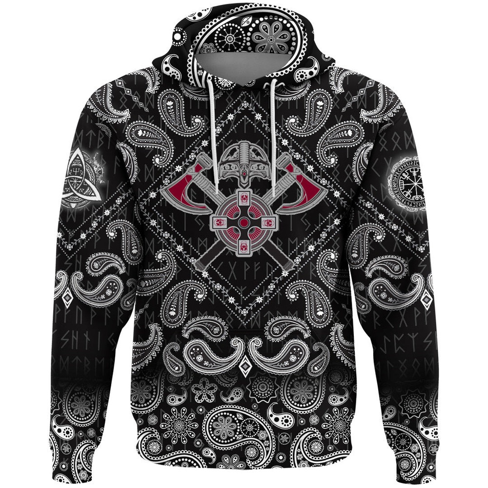 Crest Crossed Battle Axes with Bandana Paisley Style Viking Hoodie For Men Women