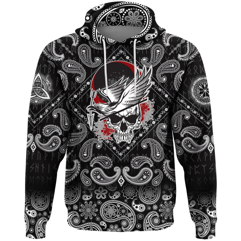 Dead Skull With Crow with Bandana Paisley Style Viking Hoodie For Men Women