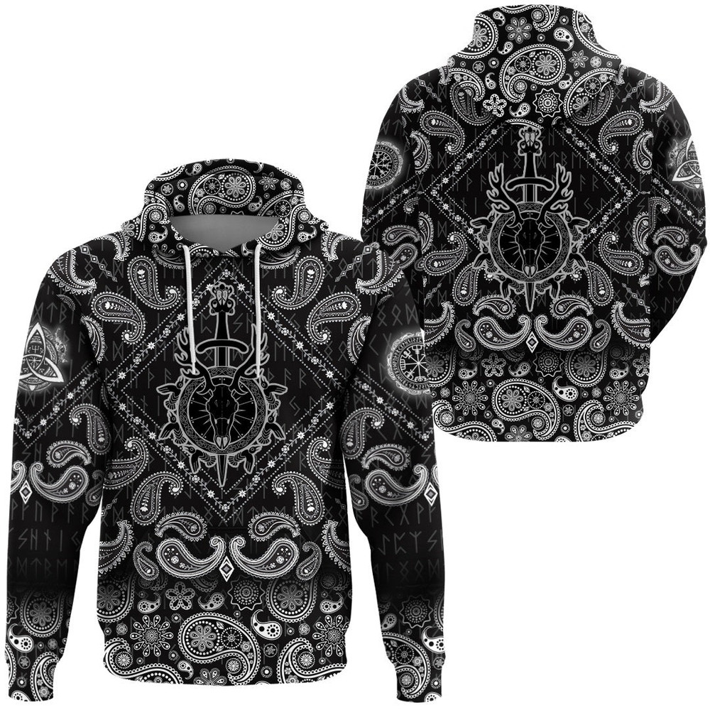 Deer Skull Sword And Shield with Bandana Paisley Style Viking Hoodie For Men Women