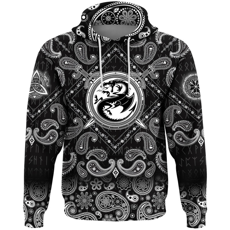 Dragon Shield With Crossing Swords with Bandana Paisley Style Viking Hoodie For Men Women