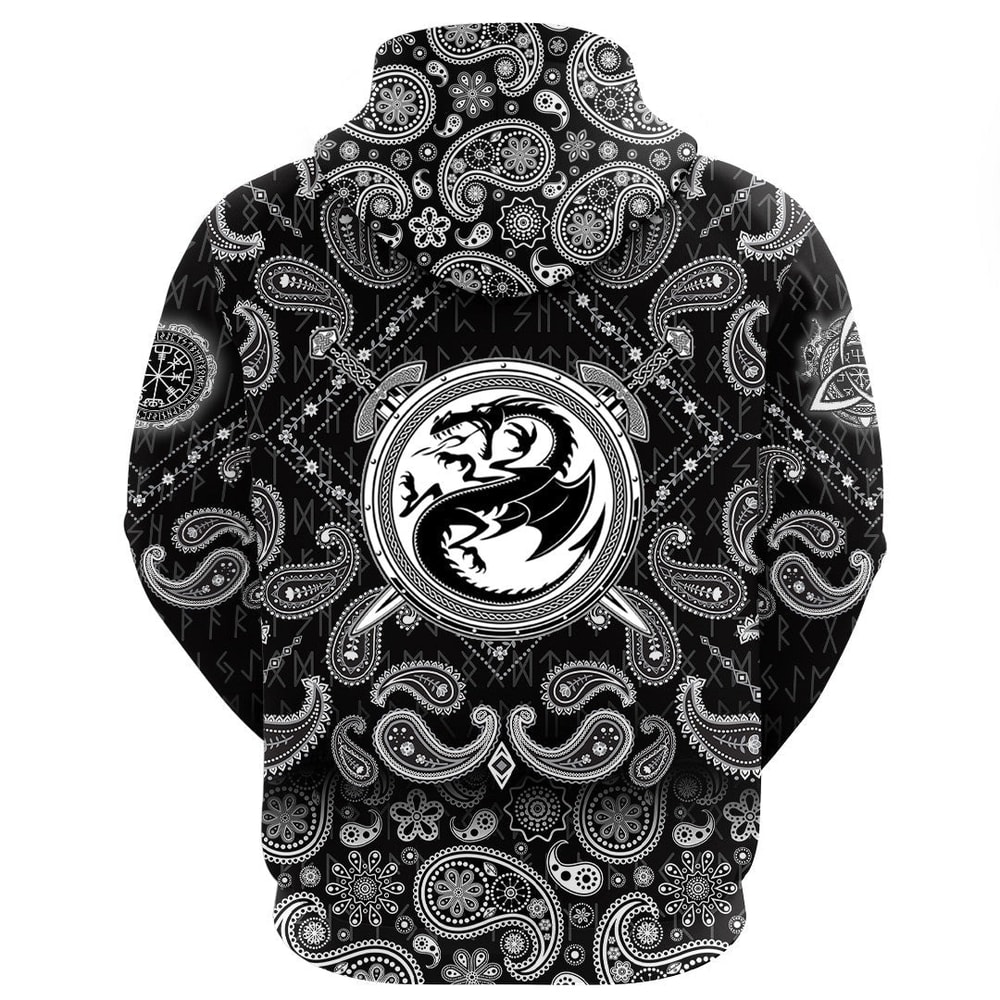 Dragon Shield With Crossing Swords with Bandana Paisley Style Viking Hoodie For Men Women