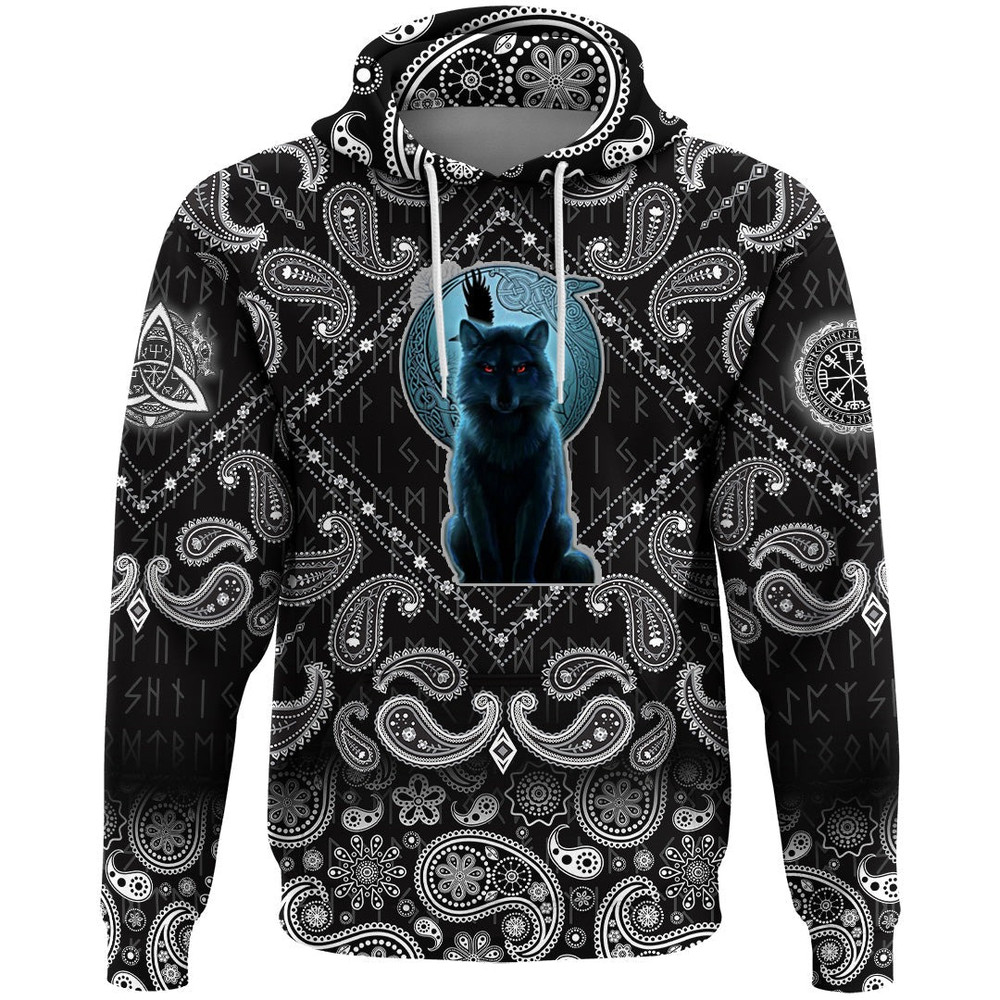 Fenrir Wolf And Moon with Bandana Paisley Style Viking Hoodie For Men Women