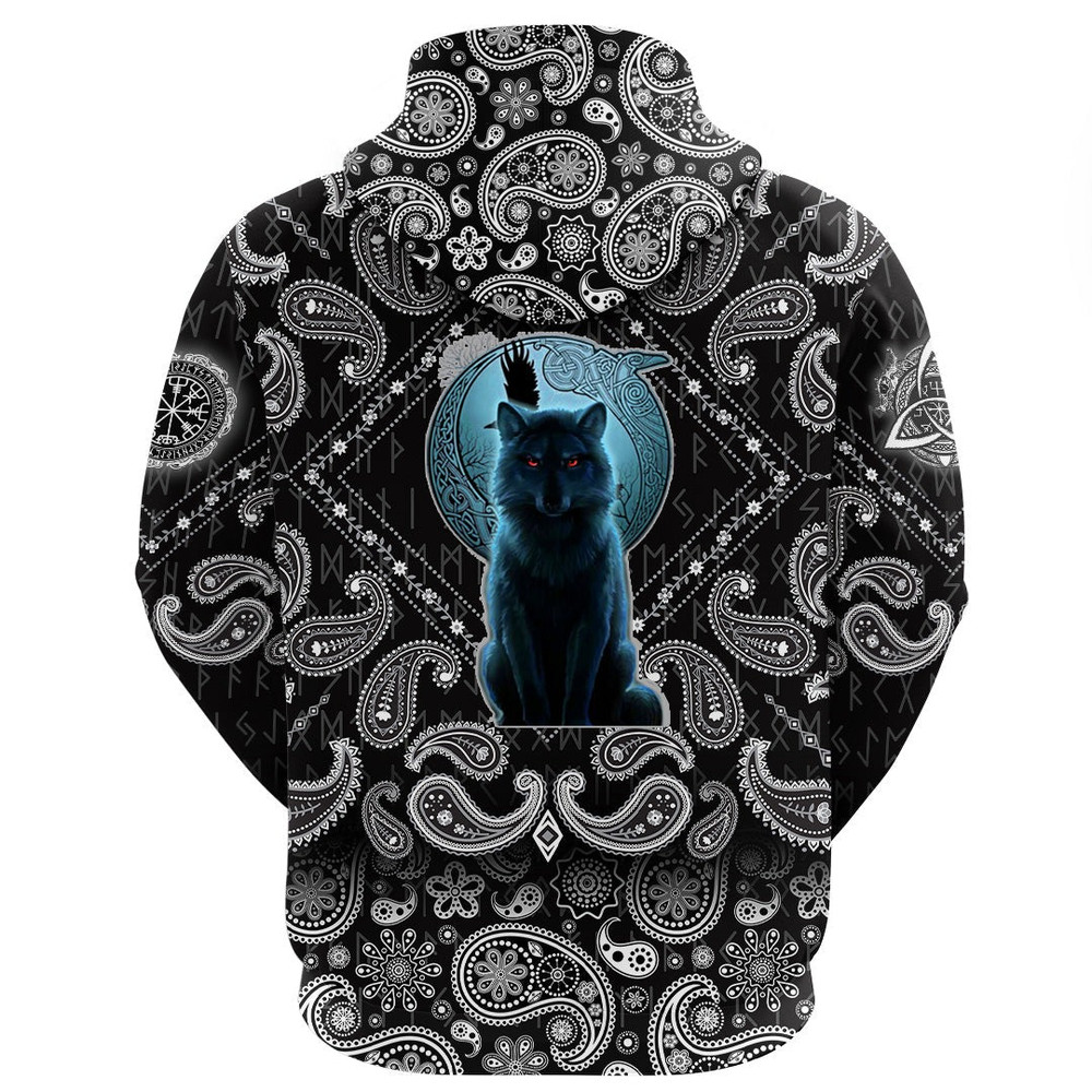Fenrir Wolf And Moon with Bandana Paisley Style Viking Hoodie For Men Women