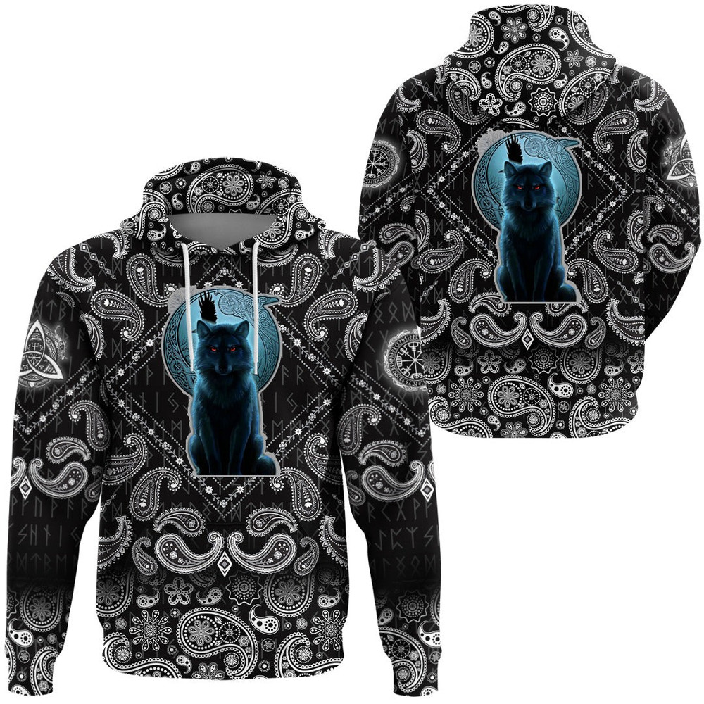 Fenrir Wolf And Moon with Bandana Paisley Style Viking Hoodie For Men Women
