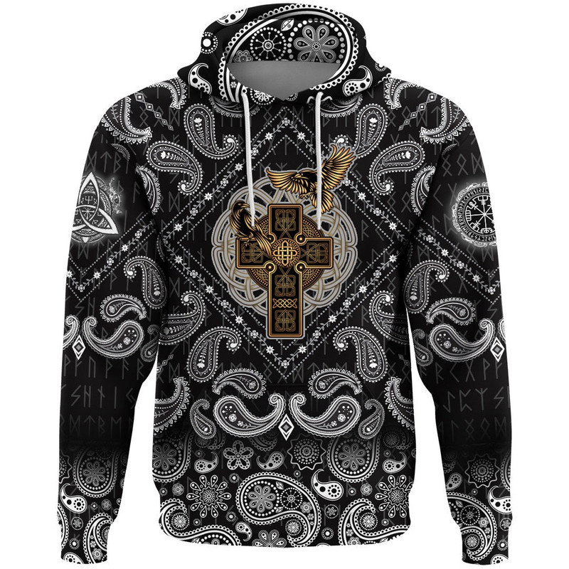 Golden Reven Cross with Bandana Paisley Style Viking Hoodie For Men Women