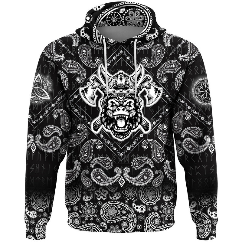 GorillHead With Helmet And Axe with Bandana Paisley Style Viking Hoodie For Men Women